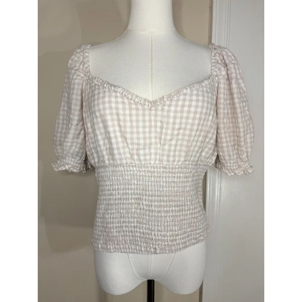 Abercrombie & Fitch Top Blouse XL Pink Gingham Puff Smocked Peasant Cottagecore